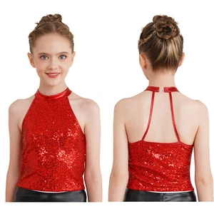 Kids Girls Sparkle Halter Sleeveless Latin Dance Crop Top Vest Shirt Sports Bra - Picture 1 of 138