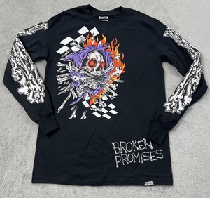 Camiseta de manga larga Broken Promises para hombre pequeña negra calavera llamas tatuaje - Imagen 1 de 10