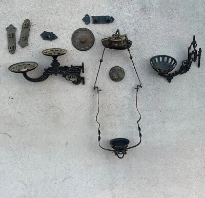 ANTIQUE Black Victorian Cast Iron Hanging Oil Lamp Frame Sconces Chandelier ￼ - Image 1 of 4