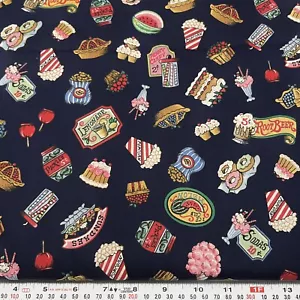 Vintage 1993 Joan Kessler Carnival Food on Navy Cotton Fabric by the Half Yard - Picture 1 of 2