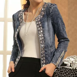 Women Crystal Denim Jacket Coat Faded Jeans Blazer Shiny Fitted Slim Casual - Picture 1 of 11