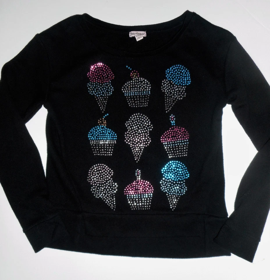 Blusa Juicy Couture feminina tamanho XS preta manga longa design sorvete e bolo xícara - Imagem 1 de 1