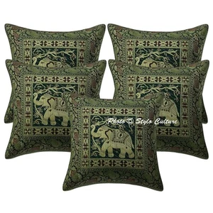 Green Cushion Cover Brocade Jacquard Gypsy Elephant Tribal Ethnic Hippie Pillow - Picture 1 of 5