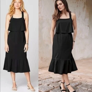 J JILL Black Tiered- Cross Strap- Ruffle Hem- Calf Length Knit Dress NWT~ Small - Picture 1 of 12