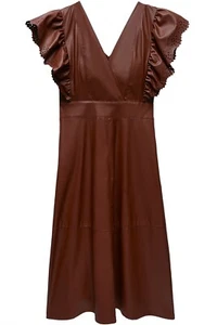 Zara Faux Leather Brown Midi Dress with Frill Cutout Detailing and Pockets RP£59 - Picture 1 of 4