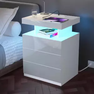 New Modern White Nightstand 3-Drawer LED Light Wireless Charging 26.8"H - Picture 1 of 9