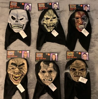 NWT Halloween adult vinyl mask with black cloth hood 6 Styles CHOOSE FROM MENU - Image 1 of 2