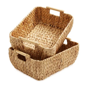 2-Piece Oval Storage Baskets with Wood Handles, Large Woven Wicker Bin Organizer - Picture 1 of 1