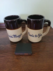 VTG- USA Stoneware Beer Mugs - "Beers to You" & "Here's Muggin'" w/ Little Book - Picture 1 of 5