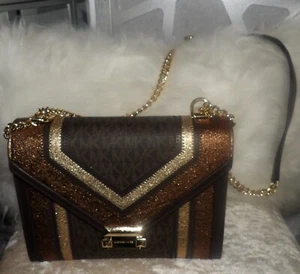 MICHAEL KORS WHITNEY COATED CANVAS &LEATHER BRN/GLD SIGNATURE SHOULDER BAG - Picture 1 of 11