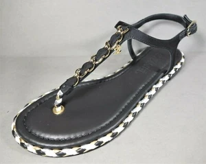 Chanel 36C Black Grosgrain & Leather Woven Trim Gold CC Thong Sandals Flats NEW - Picture 1 of 12