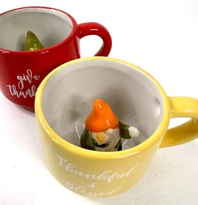 Tazas Gnome Harvest Amarillo Rojo 2ct Dar Gracias Agradecido y Bendito Té Café - Imagen 1 de 6