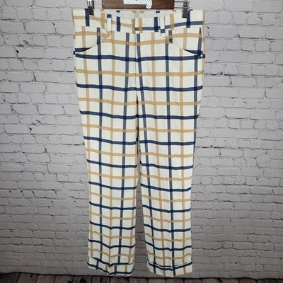 VTG Farah Blue Tan Check Straight Leg Cuffed Pants USA Retro Trousers (32x33) - Image 1 of 4