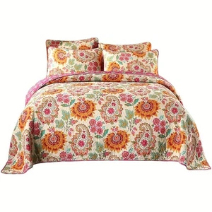 3pcs Single Bed Cover + 2 Pillowcases Floral Love Double Bedding Set Quilted Pri - Picture 1 of 9