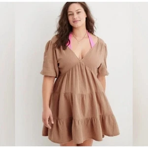 Aerie Sommerkleid Cappuccino braun Gaze Puffärmel Boho Mini Größe S - Bild 1 von 10