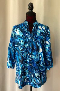 Blusa para mujer EMMA JAMES Top azul brillante patrón de garabatos con volantes M - Imagen 1 de 3