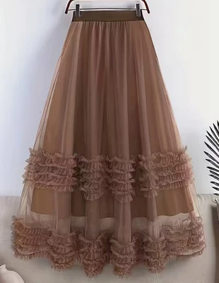 Women's Mesh Tulle Elastic Waist Ruffle Tiered A-Line Maxi Skirt Plus Size 1X - Image 1 of 2