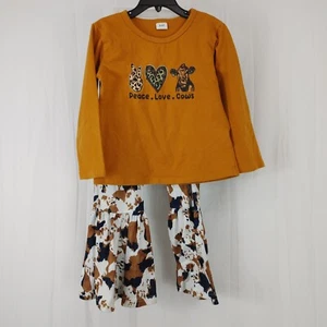 Girls Size 5/6T Peace Love Cows Cow Print Bell Bottom Boutique Outfit Orange - Picture 1 of 7