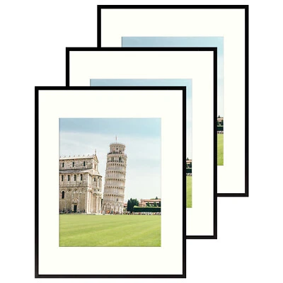 Set of 3 11x14 Aluminum Picture Frame Ivory Mat for 8x10 Photo Wall Mount, Black - Image 1 of 4