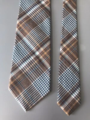 Винтажная ручка West PENDLETON мужская коричневая темно-синяя горчичная клетчатая хлопковая смесь галстук США - Изображение 1 из 3