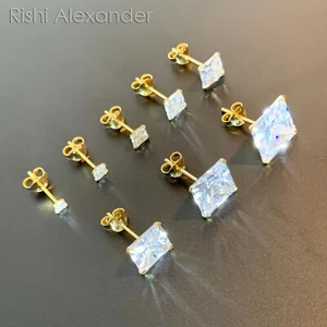 925 Sterling Silver Gold-Plated Square Cubic Zirconia Clear CZ Stud Earrings - Picture 1 of 12