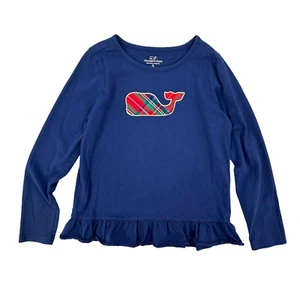 Vineyard Vines Navy Holiday Plaid Whale Long Sleeve T Shirt Girls M - Picture 1 of 5