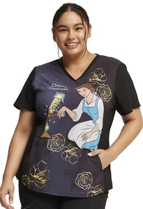 Beauty and The Beast Cherokee Scrubs Tooniforms Disney V Neck Top TF782 BEDK - Picture 1 of 6