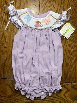 NWT Zucchini Purple Angel Sleeve Smocked Bishop Bubble Romper Size 9 Months - Image 1 of 4