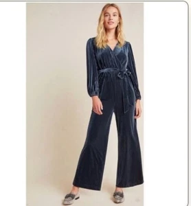 Anthropologie Ali & Jay Samantha Velvet Jumpsuit Teal Wide Leg Faux Wrap Gr. S - Bild 1 von 9