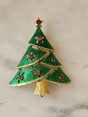 Broche prendedor árbol de Navidad estrás esmalte verde dorado vacaciones invierno regalo de colección Foto 1 de 3