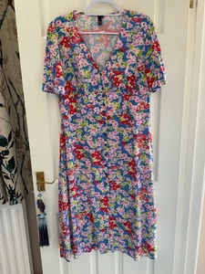 PRETTY NOBODY’S CHILD BLUE PINK MULTI DITSY SHORT SLEEVE MIDI TEA DRESS 16 VGC - Picture 1 of 23