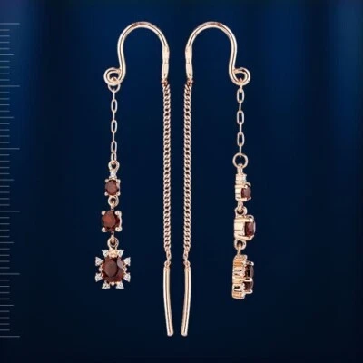 Solid rose gold 585 /14k threader chain garnet CZ earrings NWT Lovely - Image 1 of 3