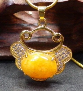 Collar Colgante Mariposa Flor de Loto Circonita Cúbica Jade Amarillo Genuino 18KGP - Imagen 1 de 8