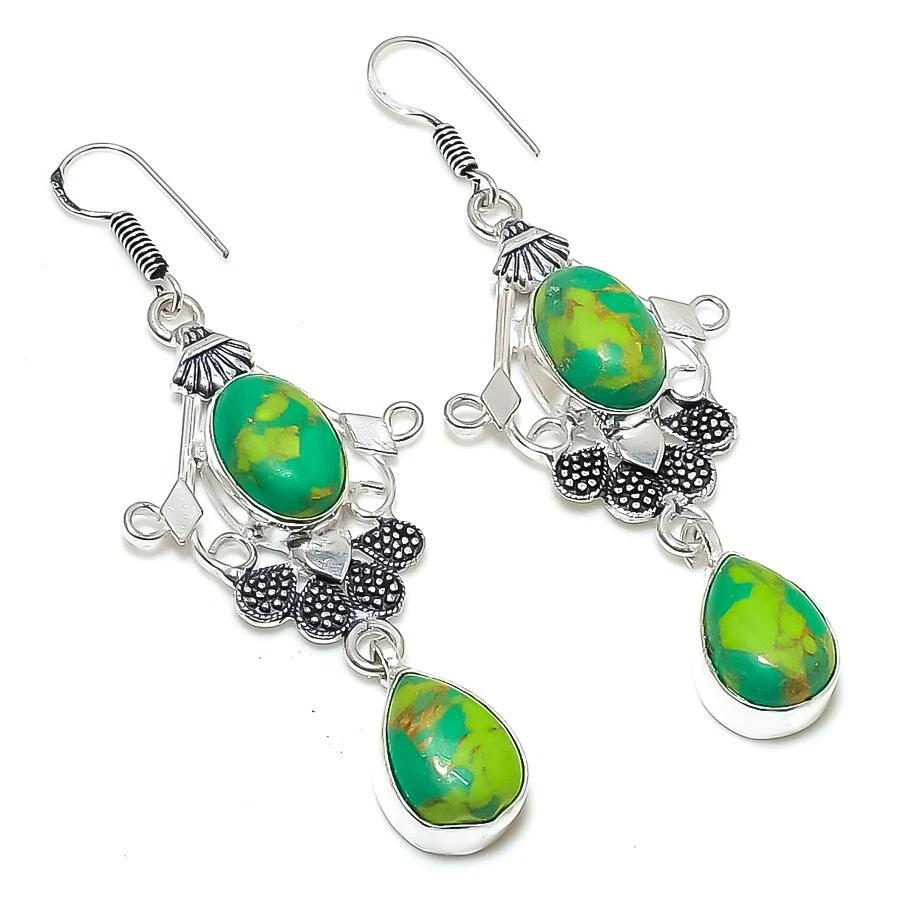 Turquoise Gemstone 925 Sterling Silver Handmade Jewelry Earring Sz 1.50" - Image 1 of 1