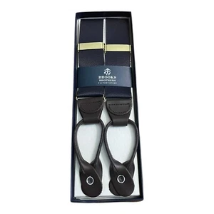Brooks Brothers Factory bretelle posteriori a Y blu navy linguette in pelle marrone scuro - Foto 1 di 6