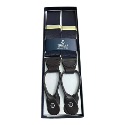 Tirantes Brooks Brothers Factory azul marino espalda en Y lengüetas de cuero marrón oscuro Foto 1 de 4