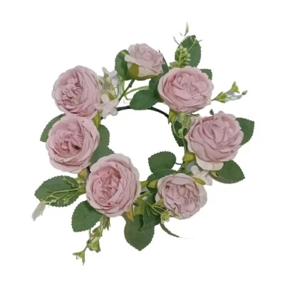 Pink Rose Flower 8" Candle Ring 4" Opening Pillar Taper Home Wedding Decor B2261 - Image 1 of 4