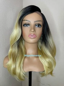 Blonde Wig Ombré Black Medium Length 20 Inches Long Lace Front Side Part - Picture 1 of 7