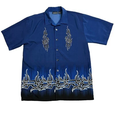 ODO Shirt Geometric Flames Mens Large Blue Button Up  Short Sleeve Polyester Foto 1 de 4