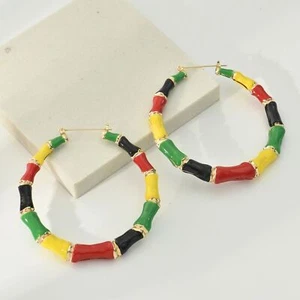 Gold Red Green Black Bamboo DoorKnocker Earrings Trend Fashion Jewelry Accessory - Picture 1 of 3