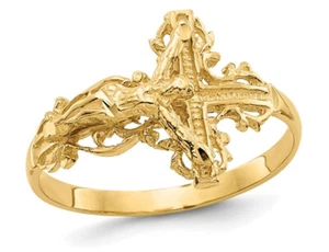 Ladies 14K Yellow Gold Diamond-cut Crucifix Cross Ring - Picture 1 of 4