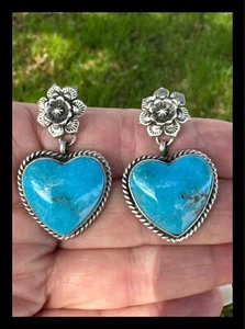 NAVAJO  ~BLUE KINGMAN TURQUOISE ~HEART~❤️~EARRINGS ~RUSSELL SAM - Picture 1 of 7