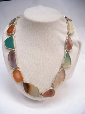 Collana in ARGENTO 925 con fette d'AGATA di vari colori - girocollo pietra dura - Immagine 1 di 4