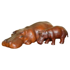 PAIR OF COLLECTABLE LIBERTY'S OMERSA BROWN LEATHER HIPPOPOTAMUS FOOTSTOOL HIPPO - Picture 1 of 16