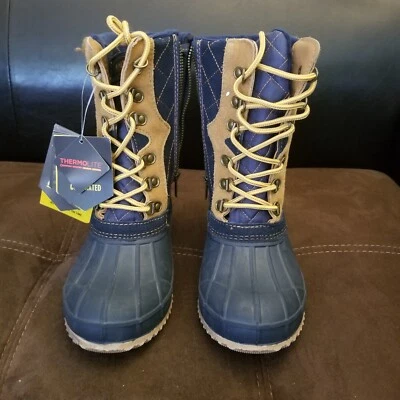 Khombu Dolly Waterproof Boots Knit Sock Cuff Quilted Navy Brown Duck Women's 6M - Image 1 of 4