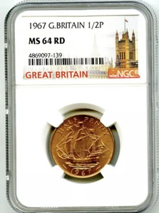 1967 GREAT BRITAIN 1/2 P HALF PENNY NGC MS64 RD HALFPENNY LAST YEAR UNC DESIGN - Picture 1 of 2