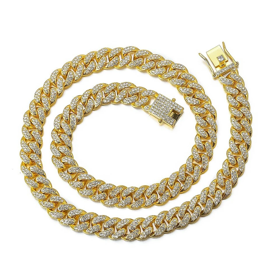 Collar Cadena Cubana Chapado en Oro 18K 12mm 18" Miami Cristal Completo Estrás Circonita Foto 1 de 4