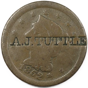 1852 Braided Hair Large Cent, "A.J. TUTTLE" Counterstamp, Brunk T-480 - Picture 1 of 3