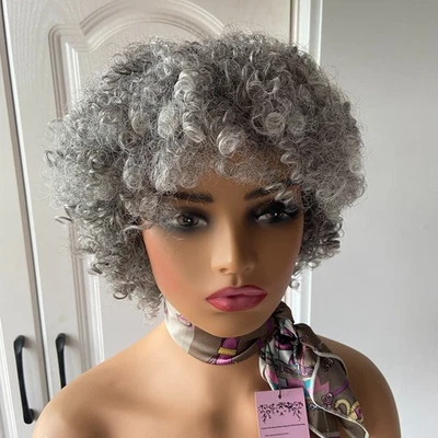 Peluca de cabello sintética afro corta rizada gris mezcla mujer suave natural diaria Foto 1 de 4