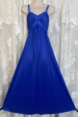 Camisola de náilon vintage S Miss Elaine azul royal BUTTER SOFT com renda elástica - Imagem 1 de 4